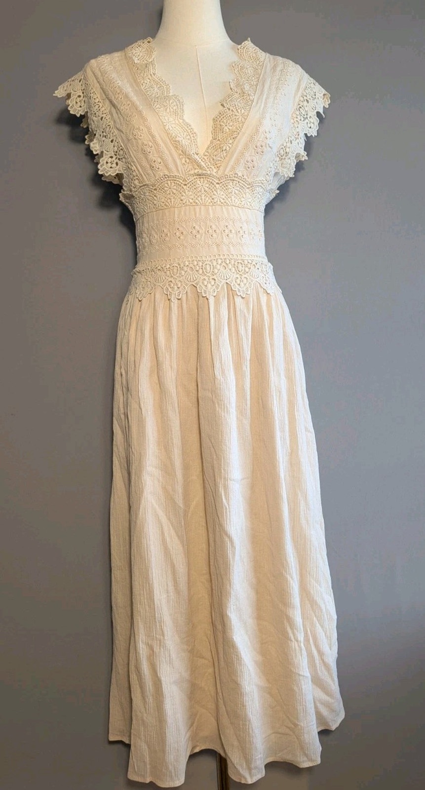 Adalia Beige Boho Lace Midi Dress Cotton Eyelet Cottagecore Western Size S